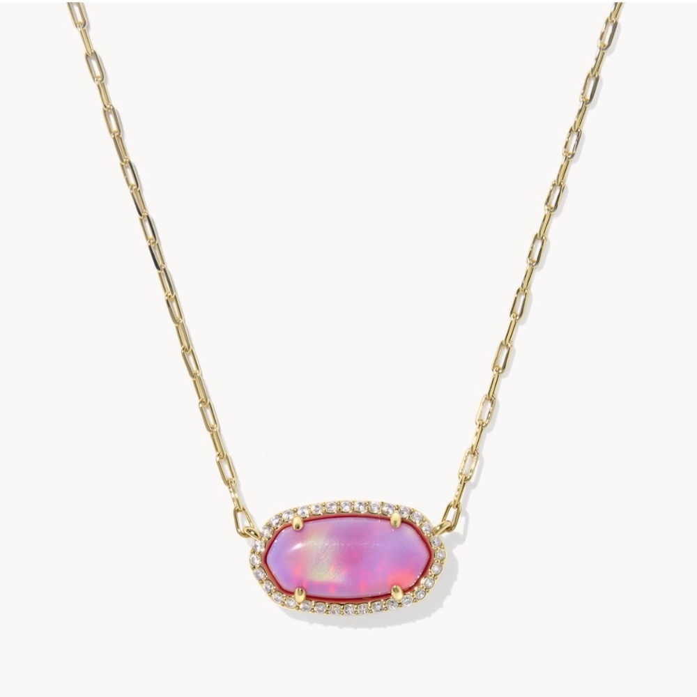 Kendra Scott Elisa Pave Frame Gold Pendant Necklace in Pink Opalescent Resin